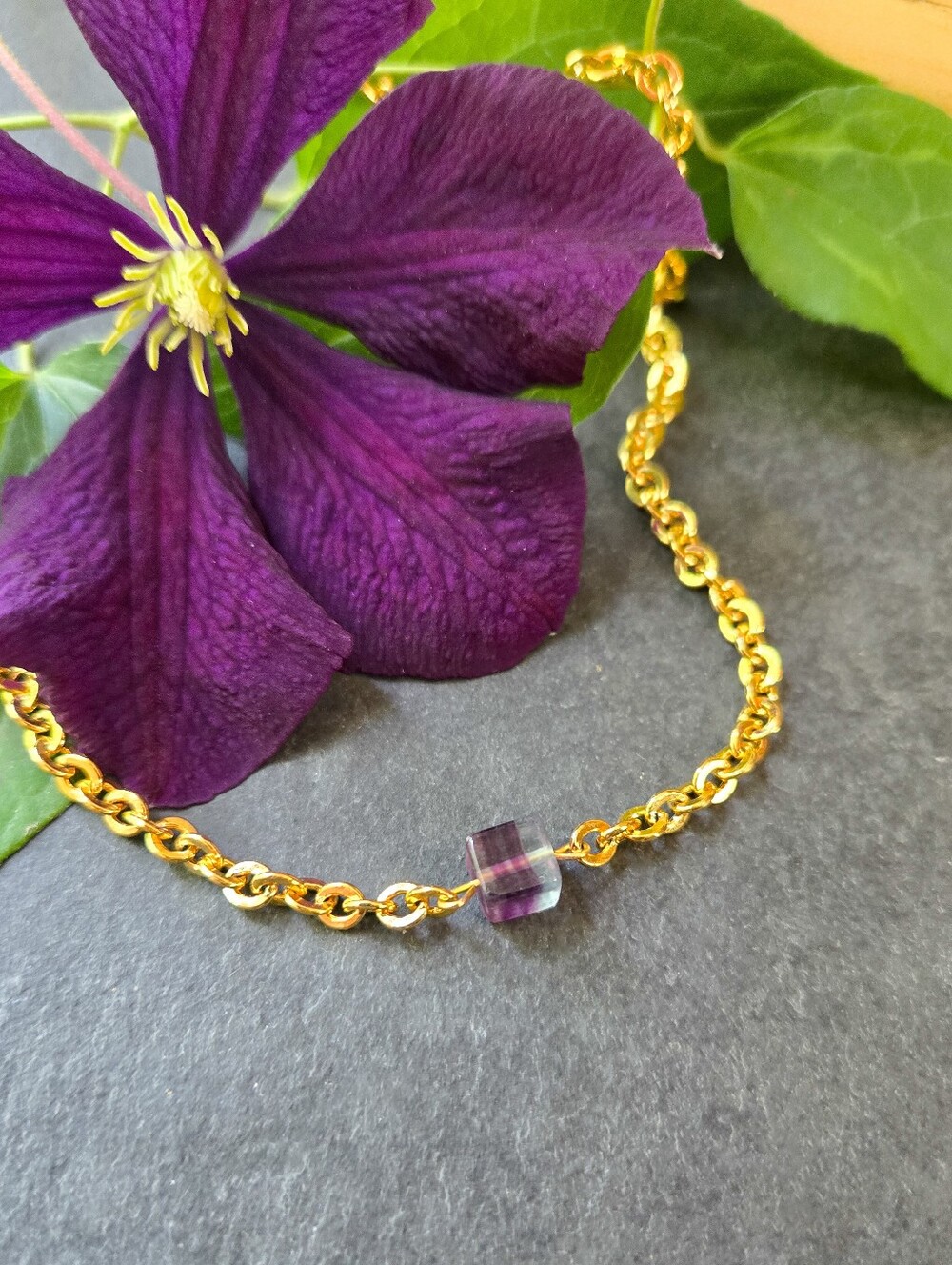 NWT Artisan-Made 24k Gold Plated Rainbow Fluorite Simple Choker Necklace